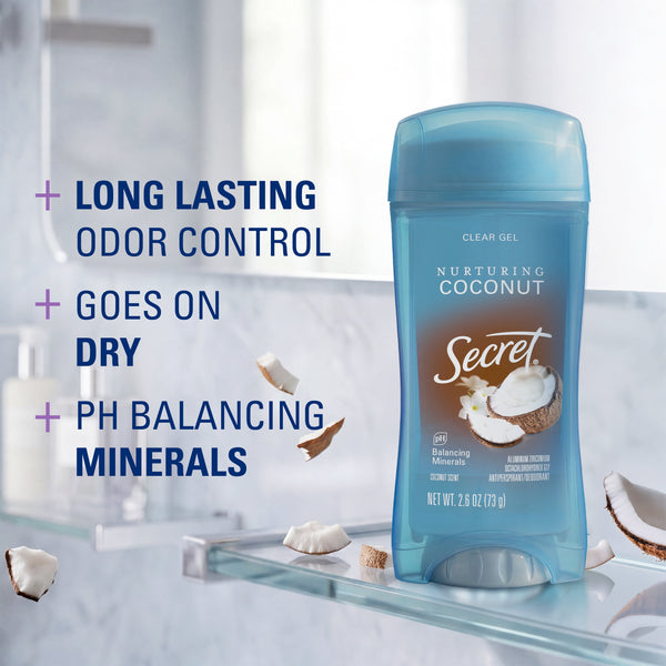 Secret Antiperspirant and Deodorant for Women, Clear Gel, Coconut Scent, 2.6 oz
