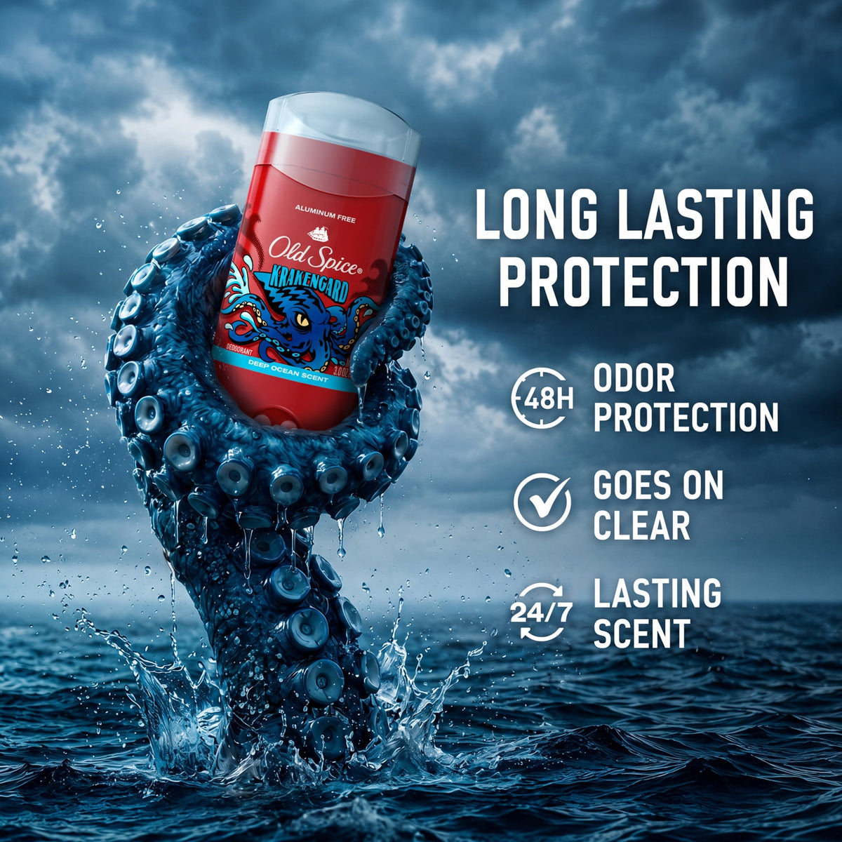 Old Spice Deodorant for Men, Aluminum Free, 24/7 Freshness, Krakengard, Deep Ocean Scent, 3 oz