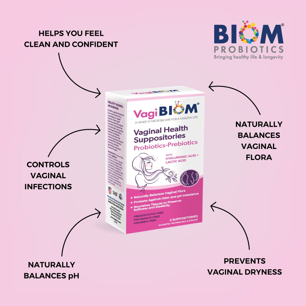 VagiBiom Feminine Balance Suppositories with Probiotics, Prebiotics & Hyaluronic Acid – Fragrance Free, 5 Count