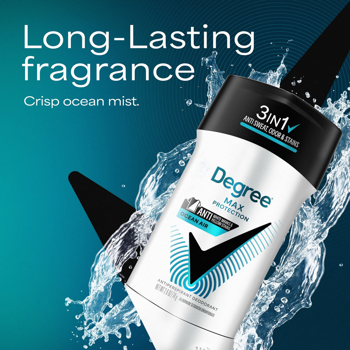 Degree Men 3in1 Max Protection Antiperspirant Deodorant Anti Sweat Odor and Stains Ocean Air 72-hour Protection, 2.6 oz