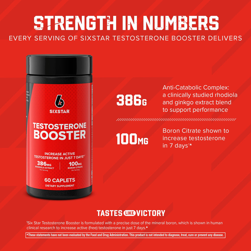 Six Star Testosterone Booster Caplets, 386 mg Rhodiola Extract, 60 Ct, 30 Servings