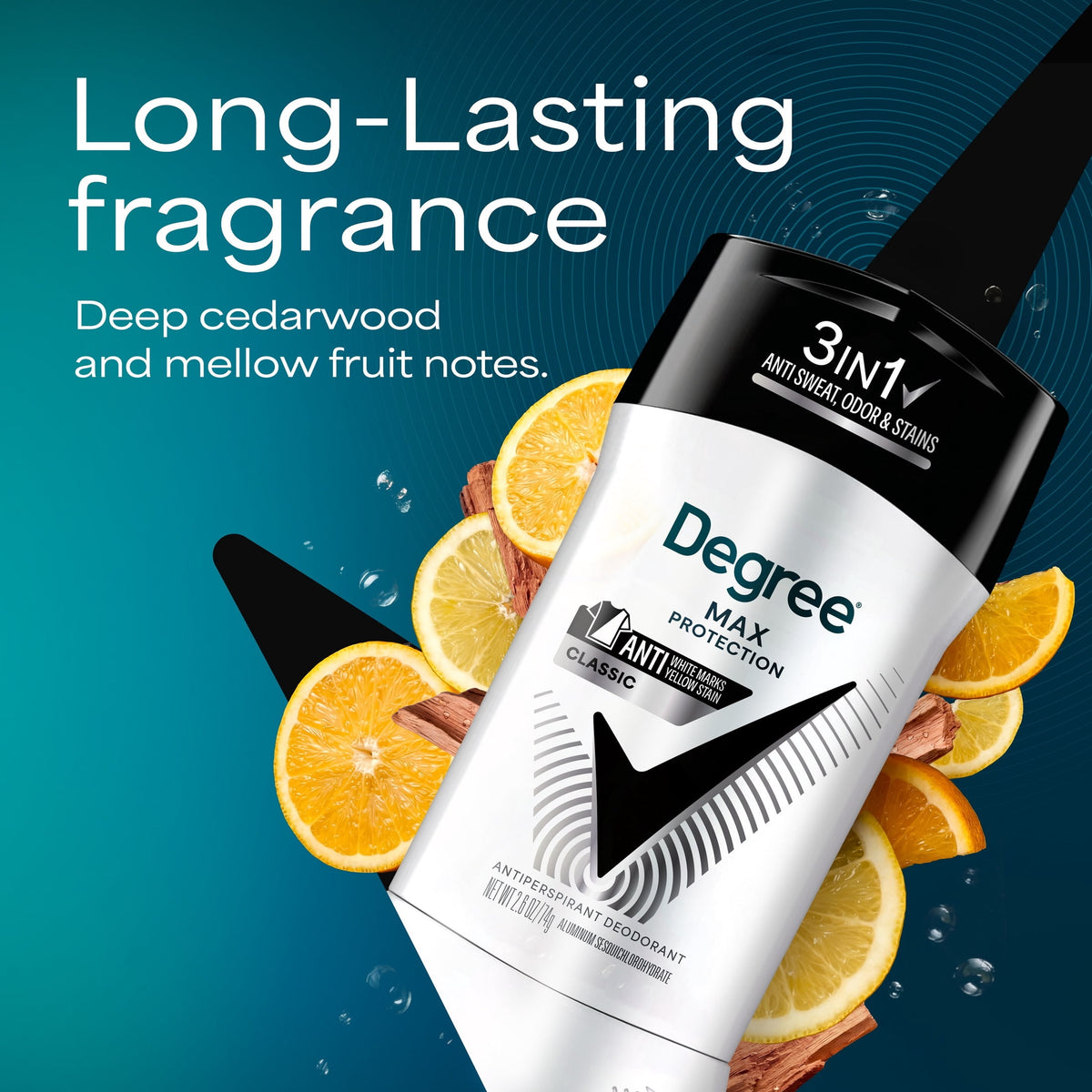 Degree 3in1 Max Protection Antiperspirant Deodorant Anti Sweat, Odor And Stains Classic 72-Hour Sweat And Odor Protection, 2.6 oz