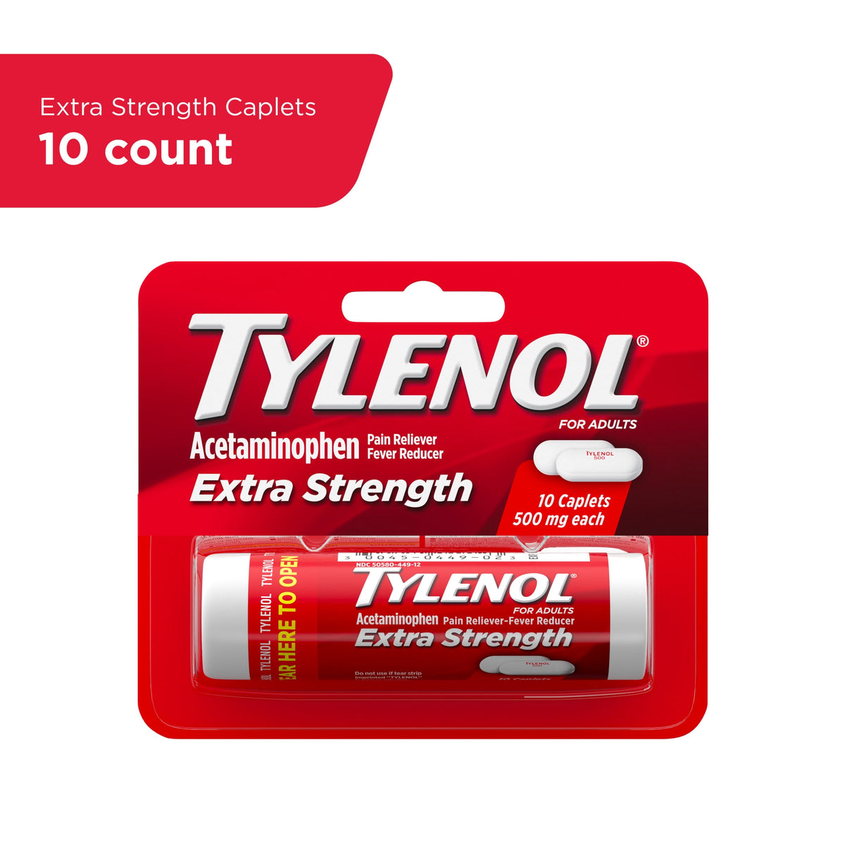 Tylenol Extra Strength 500mg Acetaminophen Caplets, Travel Size, 10 Count