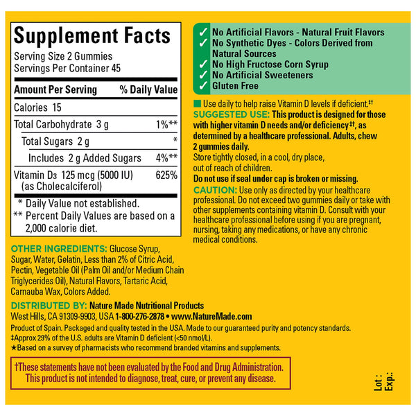 Nature Made Extra Strength Dosage Vitamin D3 Gummies 5000 IU (125 mcg) per Serving, 90 Count