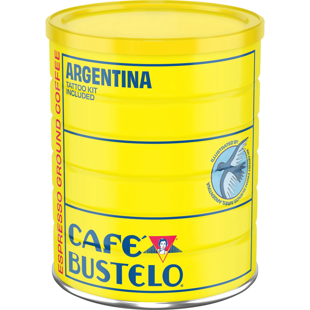Cafe Bustelo Espresso Style Dark Roast Ground Coffee, Limited Edition Game Face Design, Tattoo Kit Included, 10 oz Can