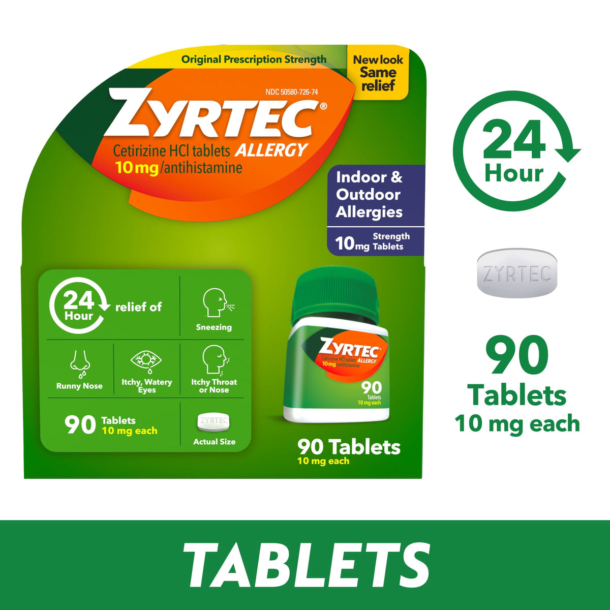 Zyrtec 24 Hour Allergy Medicine Tablets, 10 mg Cetirizine HCl Antihistamine, 90 Count