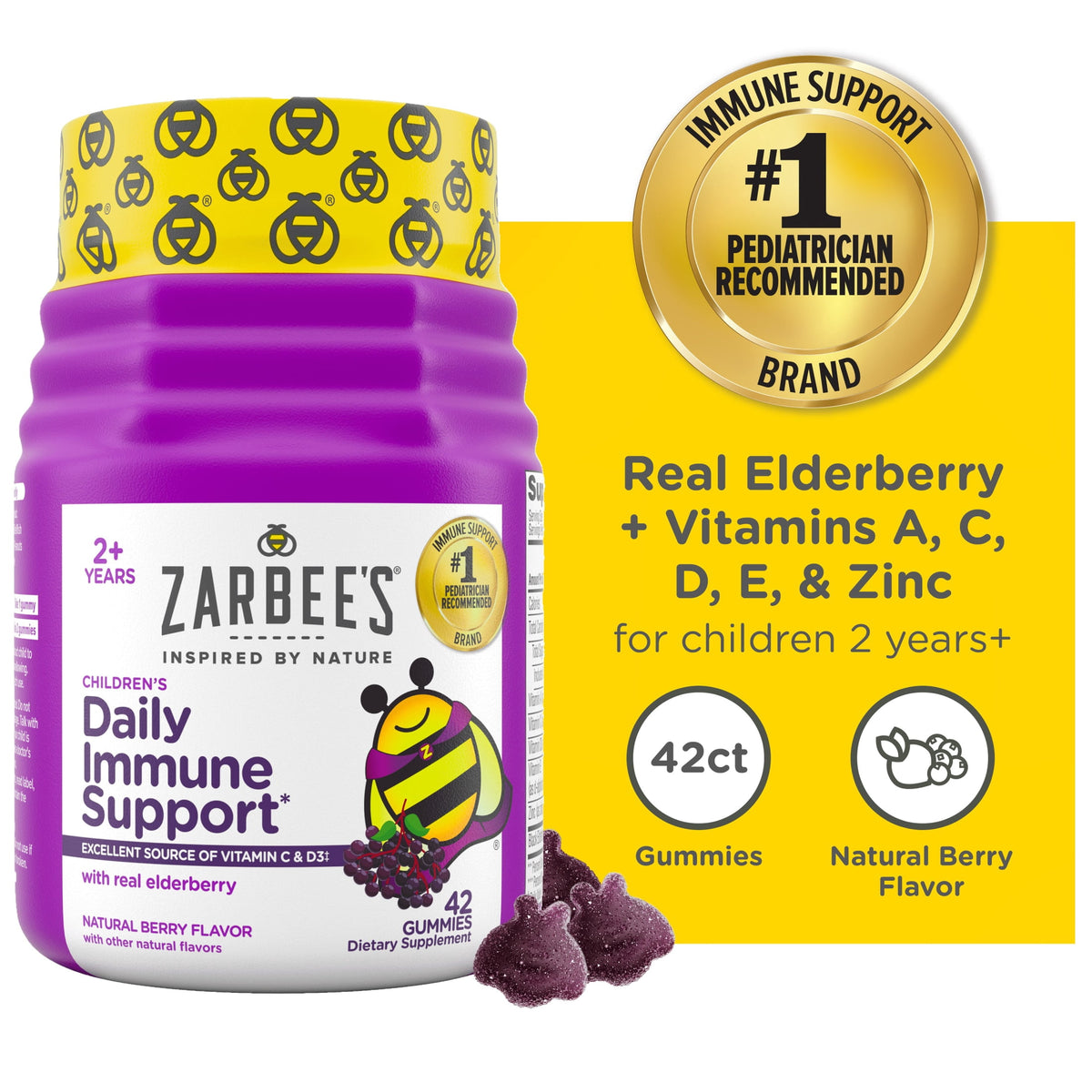 Zarbee's Children's Daily Immune Support* Gummies + Elderberry, 42 Count