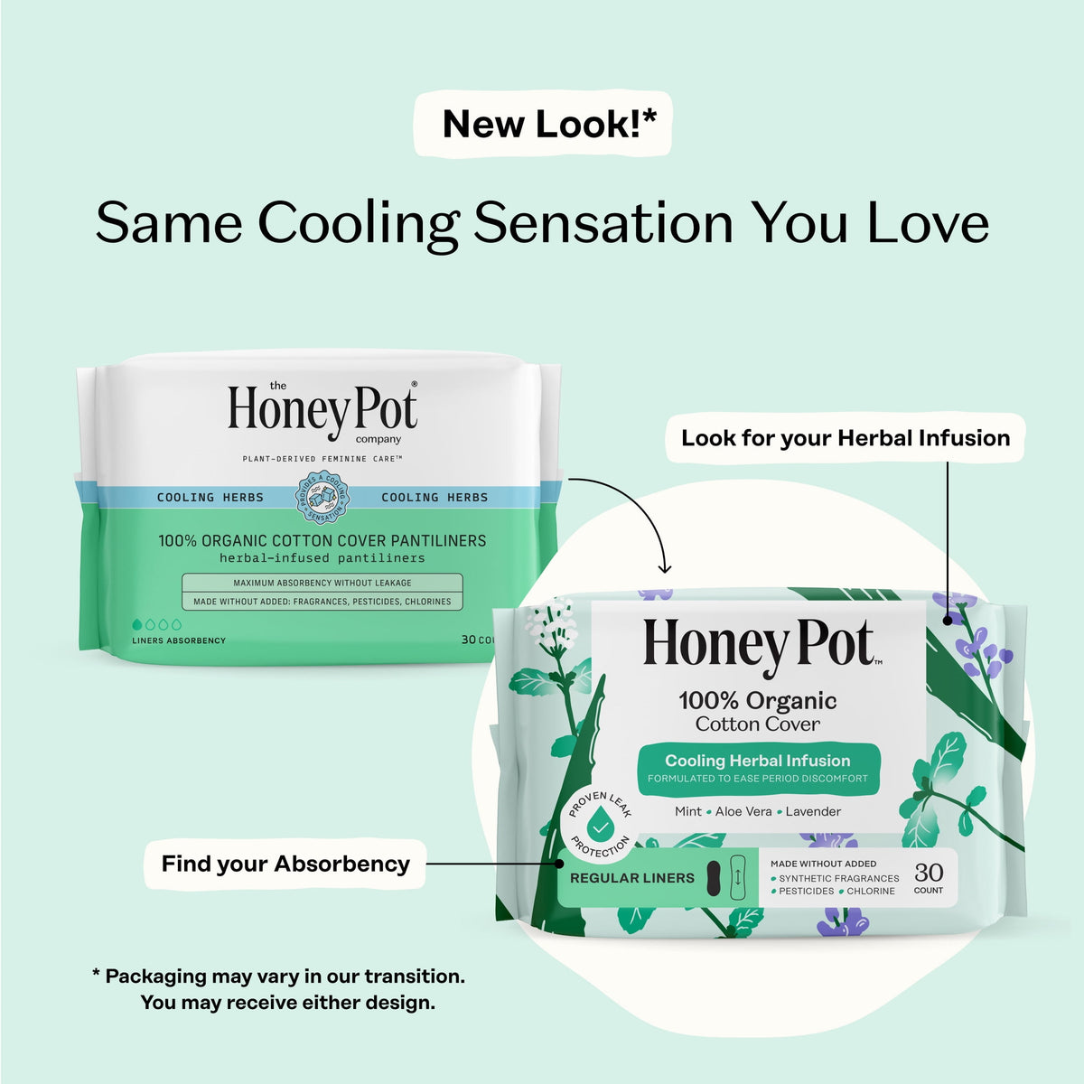 Honey Pot 100% Organic Cotton Cover Cooling Herbal Infusion Regular Liners, 30 count