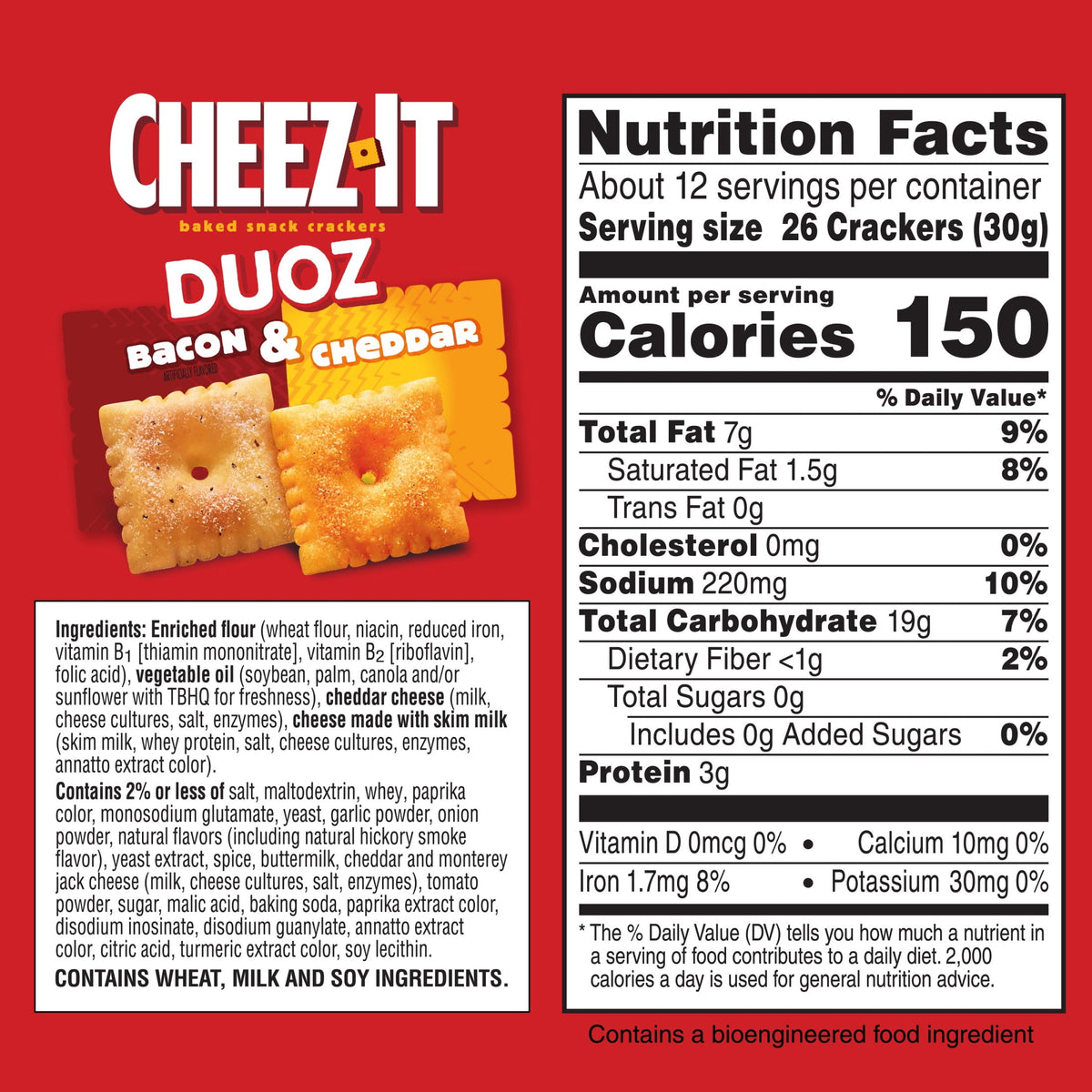 Cheez-It DUOZ Bacon and Cheddar Baked Snack Crackers, Lunch Snacks, 12.4 oz