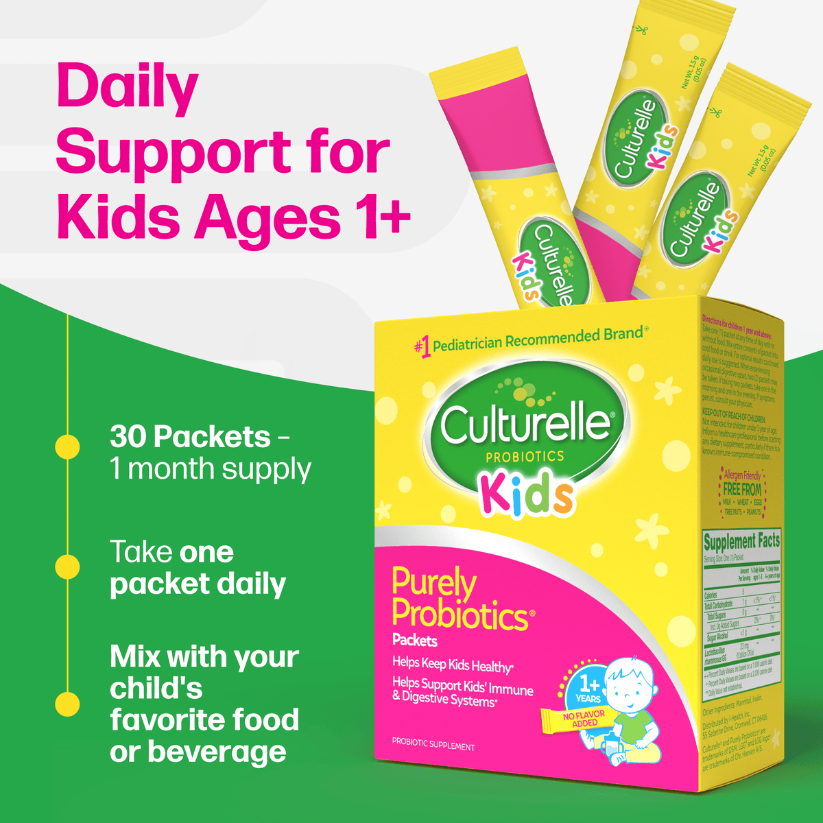 Culturelle Probiotics Kids Purely Probiotic Daily Ready-to-Mix Supplement, Immunity & Digestion Support for Children, No Flavor Added, 30 Packets