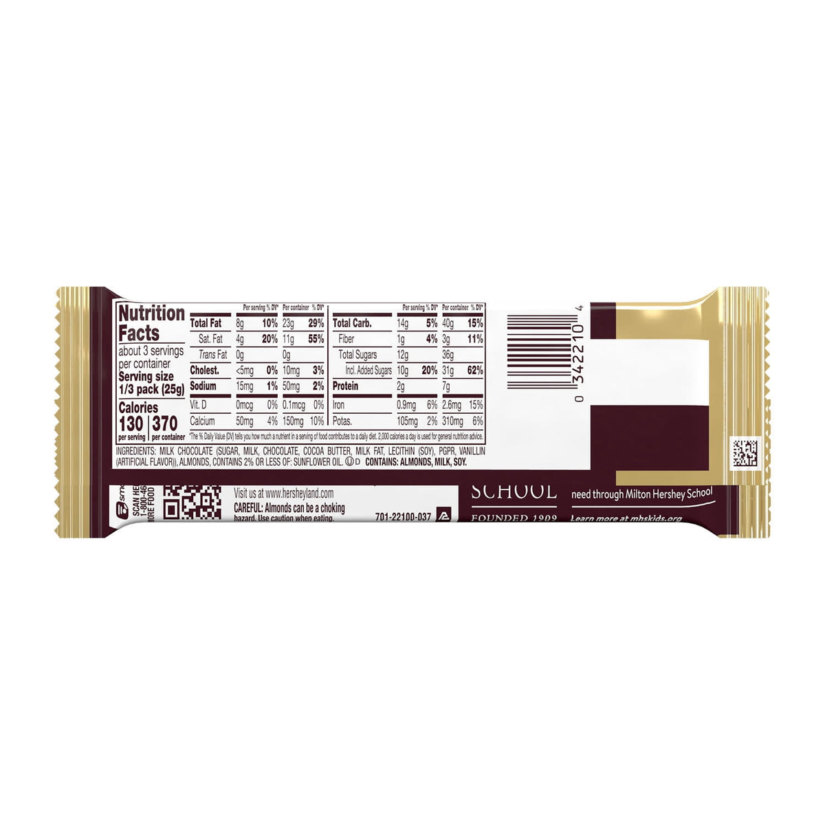 Hershey's Milk Chocolate with Whole Almonds King Size Candy, Bar 2.6 oz