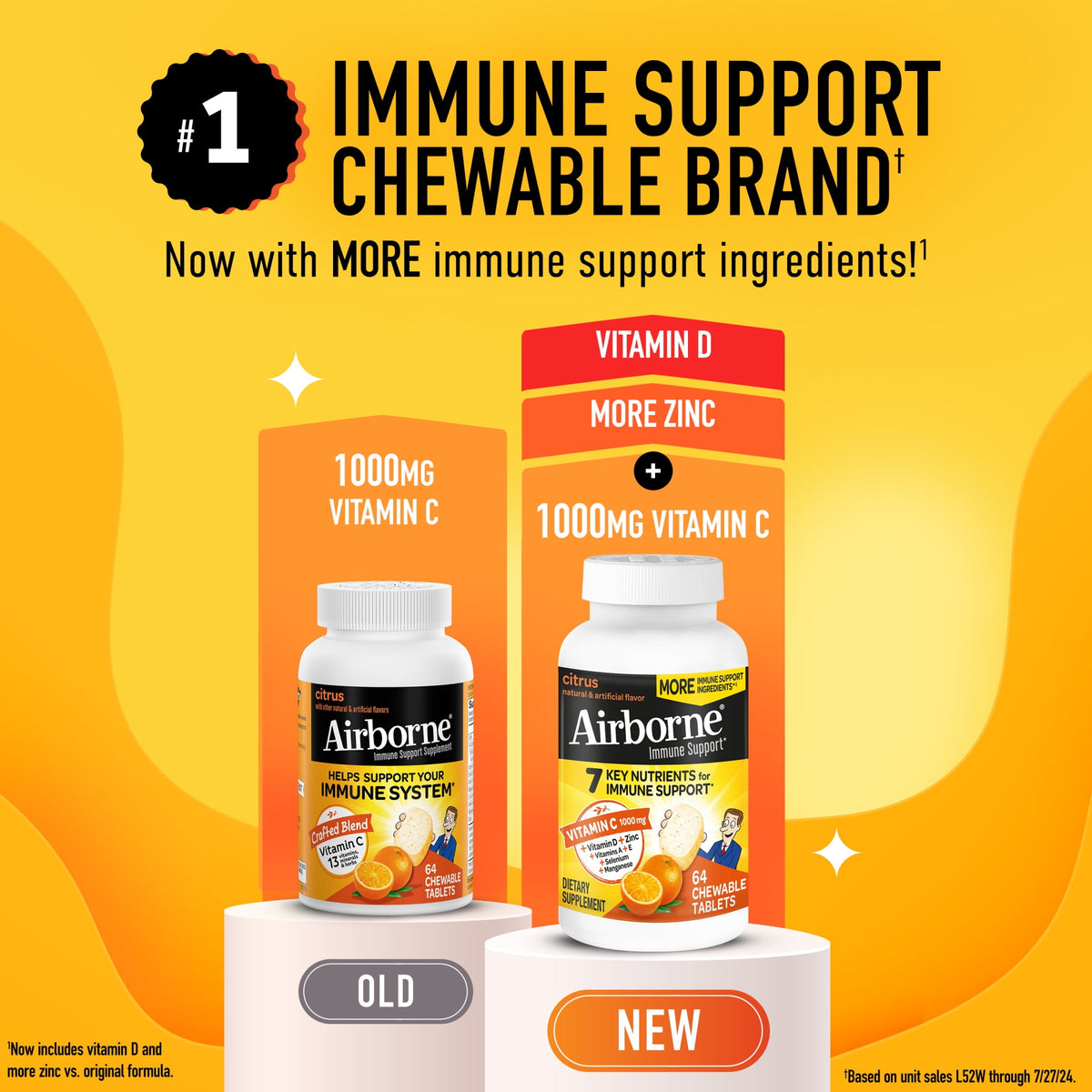 Airborne 1000mg Vitamin C Immune Support Chewable Tablets, Multivitamin Supplement, Citrus Flavor, 64 ct