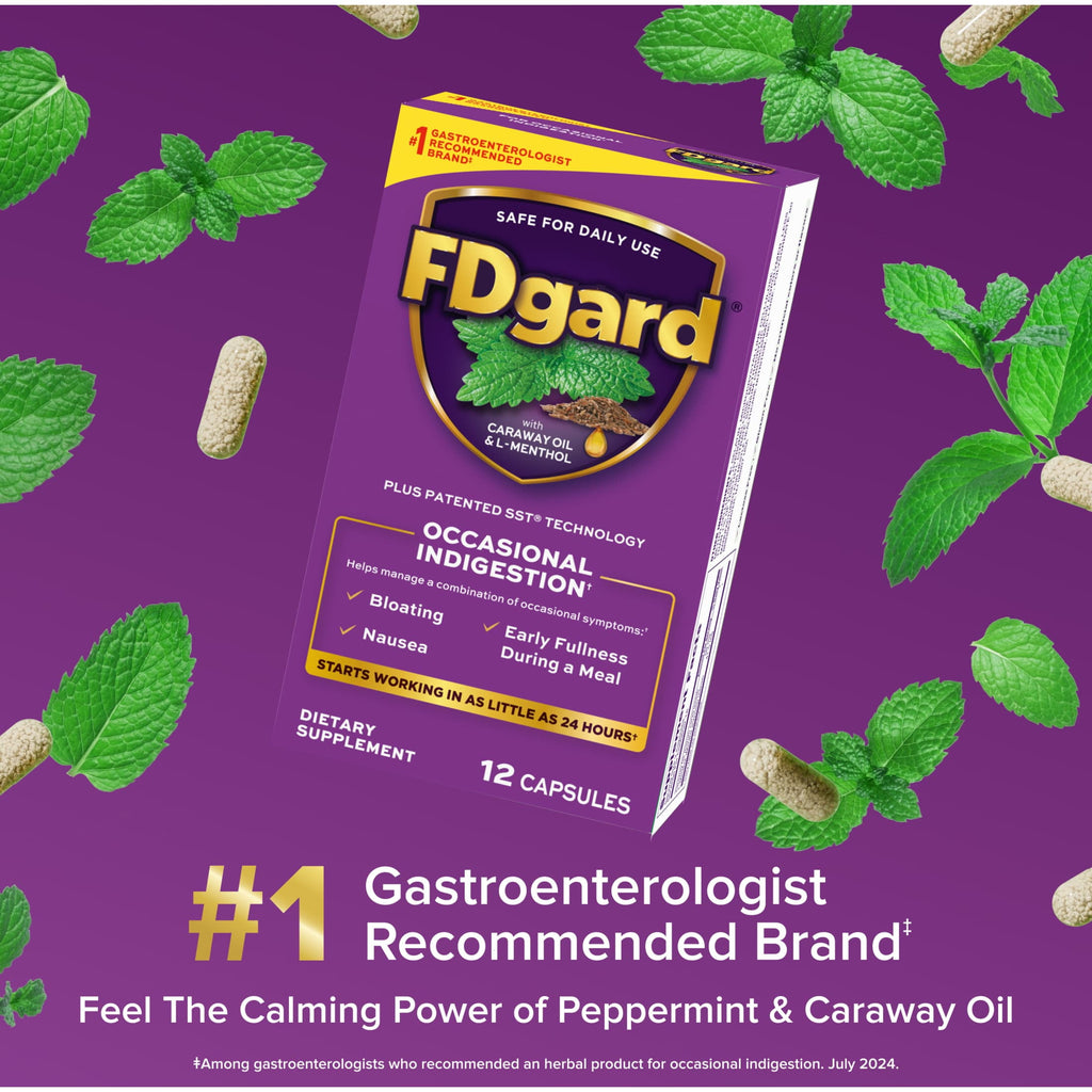 FDgard Digestive Health Supplement with Caraway Oil & L-Menthol for Occasional Nausea, Bloating & Upset Stomach†, 12ct (Packaging May Vary)