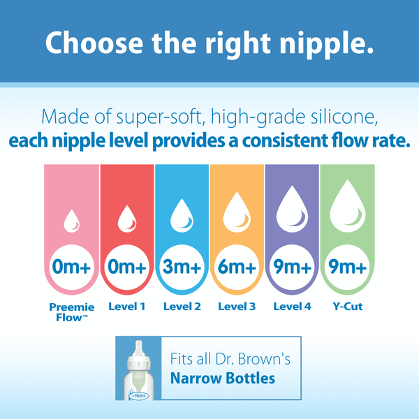 Dr. Brown's Natural Flow Y-Cut, Narrow Baby Bottle Nipple, Ideal for Thicker Liquids, 9m+, 100% Silicone, 6 Pack
