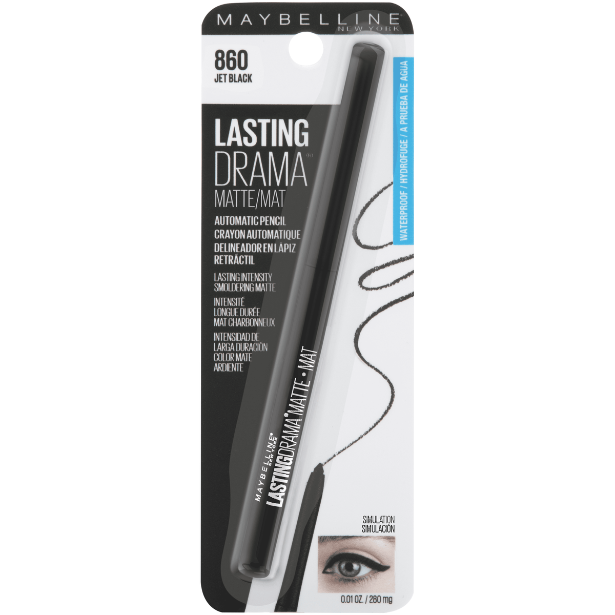 Maybelline Lasting Drama Waterproof Matte Eyeliner Pencil, Jet Black, 0.01 oz