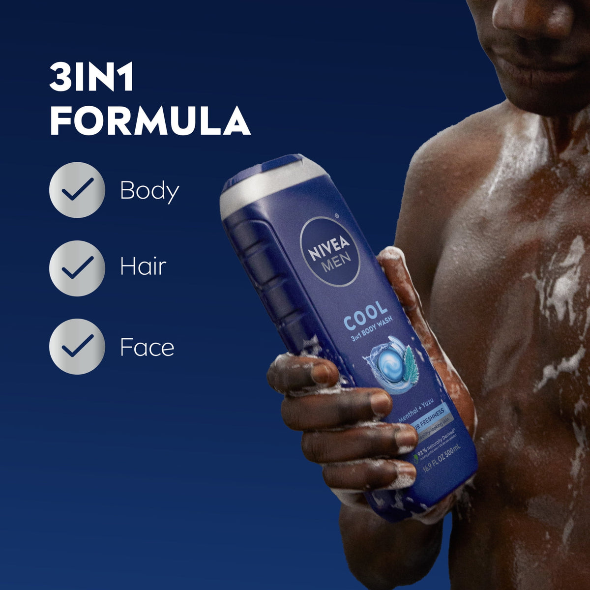 NIVEA MEN Cool 3-in-1 Body Wash for Men with Icy Menthol and Yuzu Scent, 16.9 fl oz