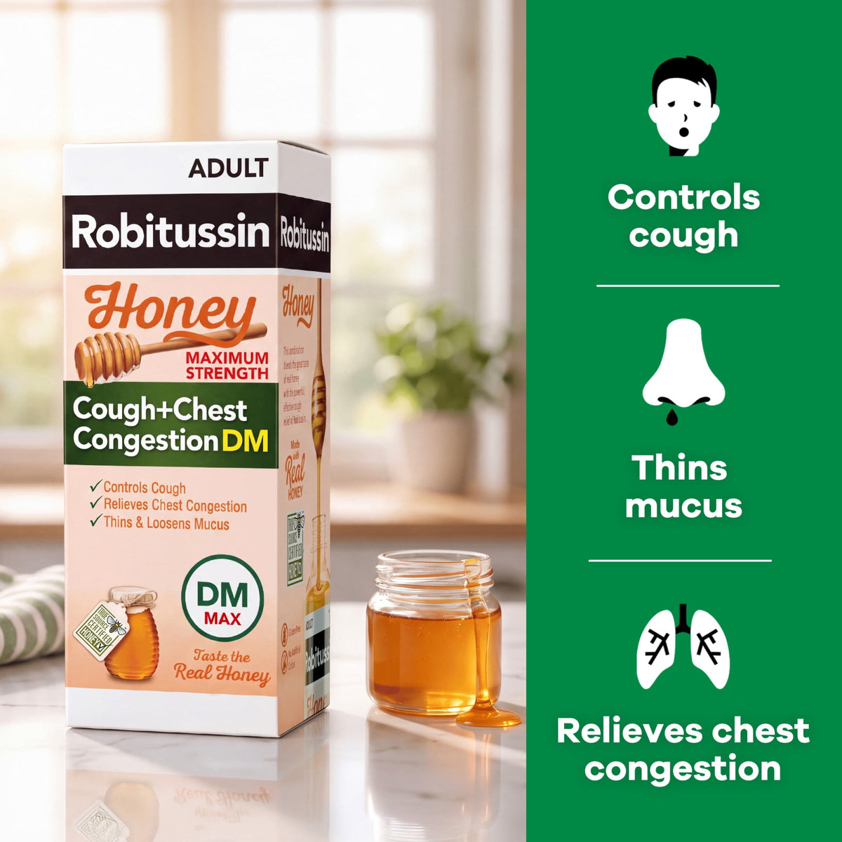 Robitussin Max Strength Cough Congestion DM and Cold Medicine, Honey, 8 Fl Oz