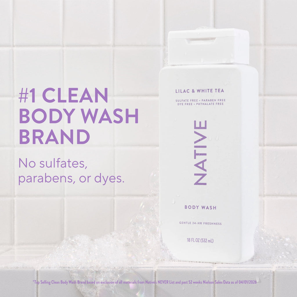 Native Body Wash for Women & Men, Sulfate Free, Lilac & White Tea Scent, 18 fl oz