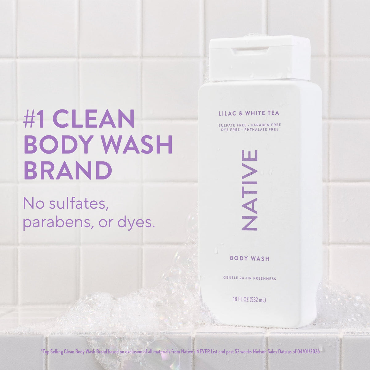 Native Body Wash for Women & Men, Sulfate Free, Lilac & White Tea Scent, 18 fl oz