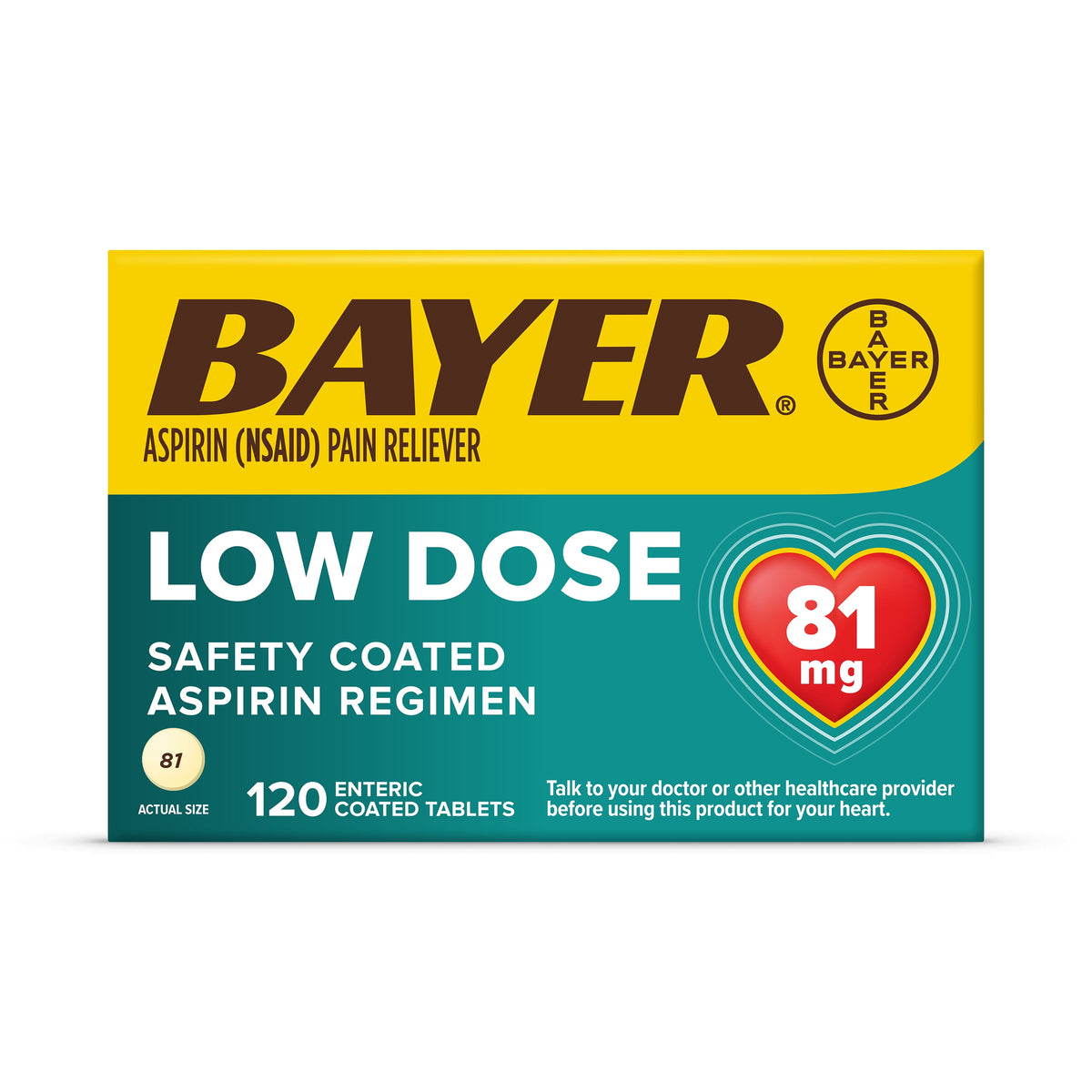 Bayer Aspirin Low Dose, 81mg, Pain Reliever Enteric Coated Tablets, 120 Count