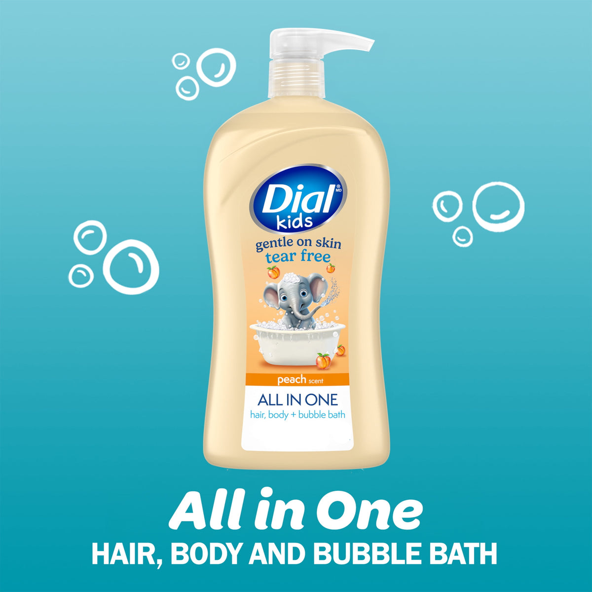 Dial Kids All-in-1 Body Wash, Hair Wash & Bubble Bath, Ages 2+, Tear-Free, Peach, 32 oz