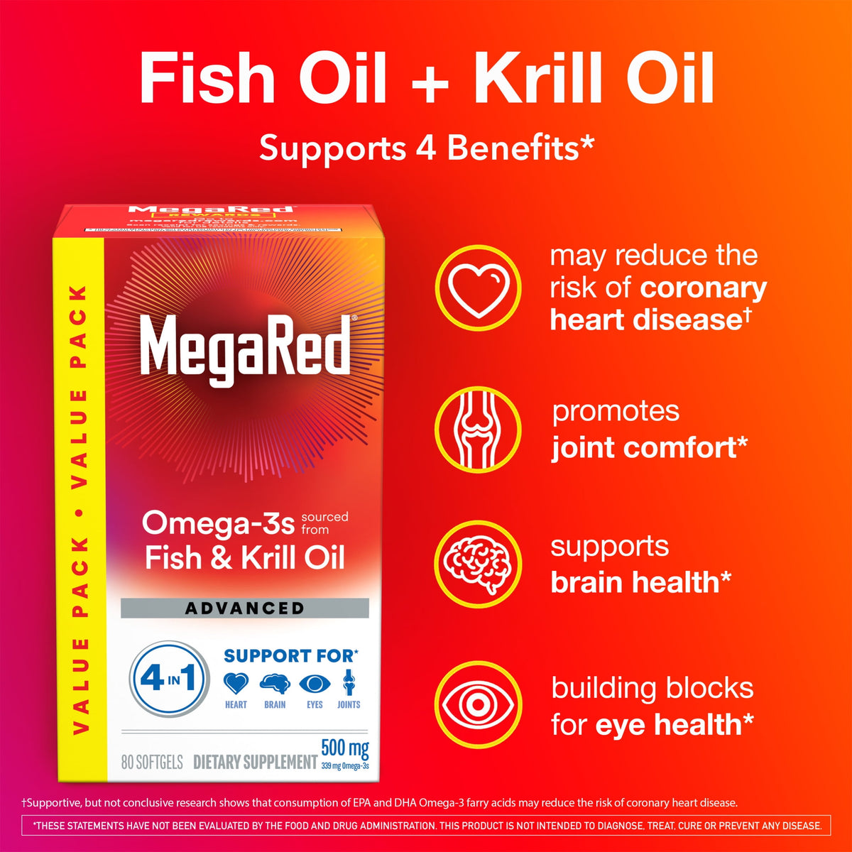 MegaRed Advanced 4in1 500mg Omega-3 Fish Krill Oil Supplements, Heart Brain Eyes Joints Health, 80 Softgels