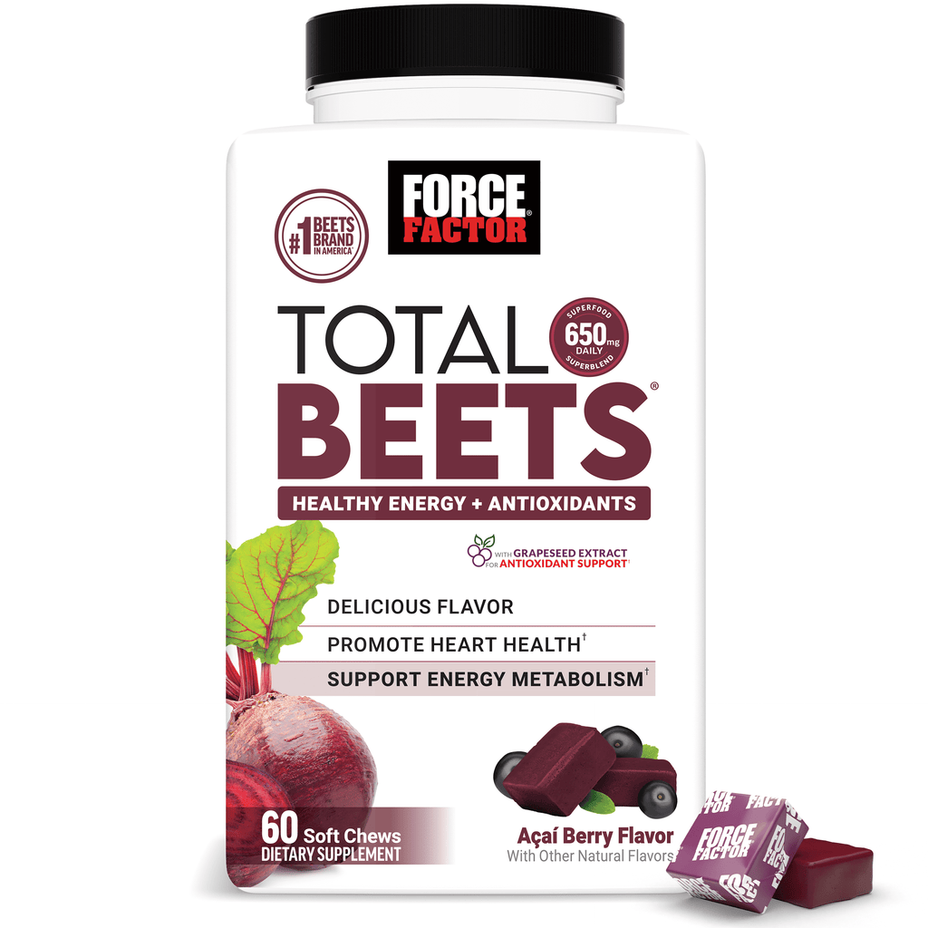 Force Factor Total Beets, Beet Root Supplement with Beetroot Powder for Heart Health, Nitric Oxide & Energy, Acai Berry, 60 Soft Chews