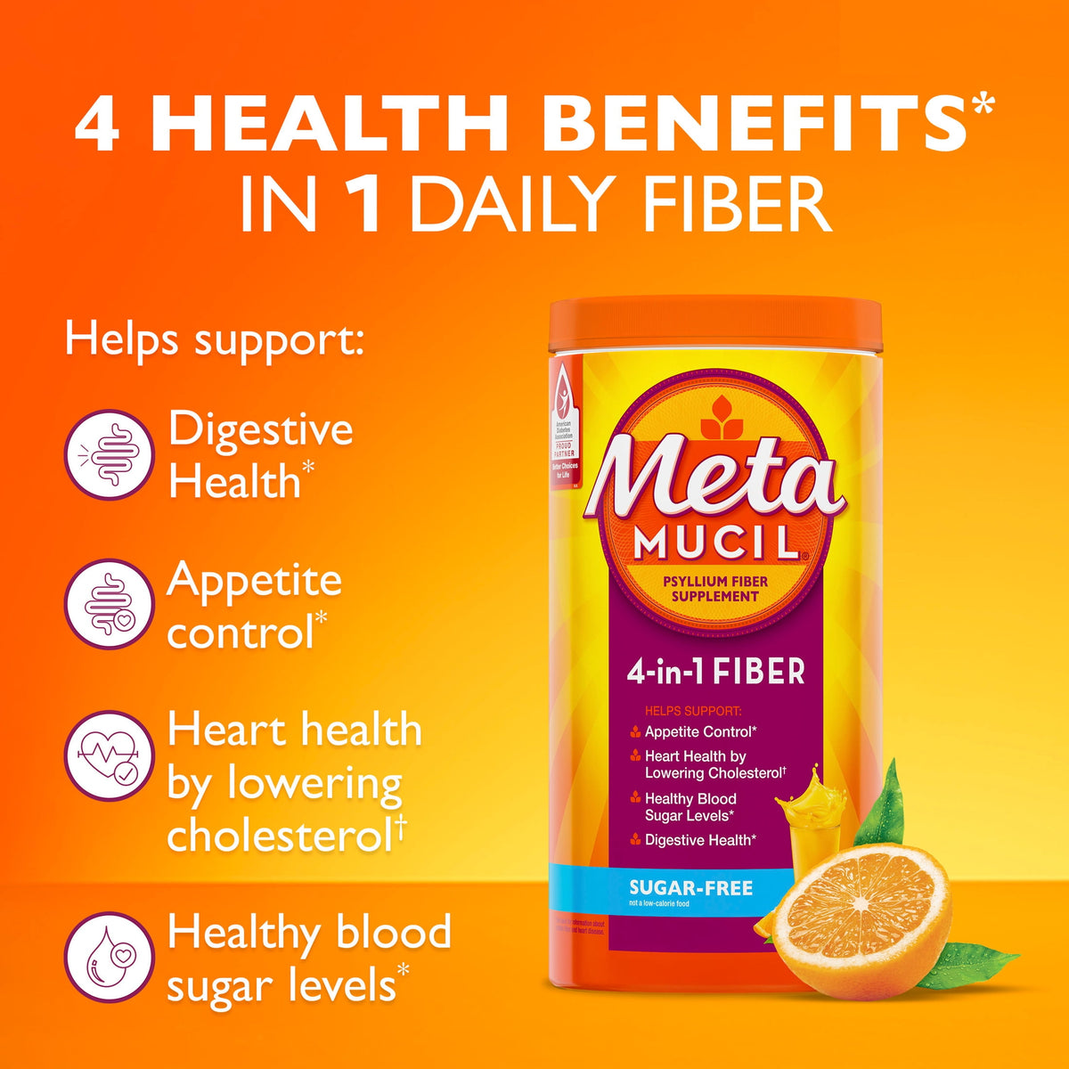 Metamucil Psyllium Fiber Powder, Sugar-Free, Orange, GLP-1 Friendly Fiber>, 30 tsp