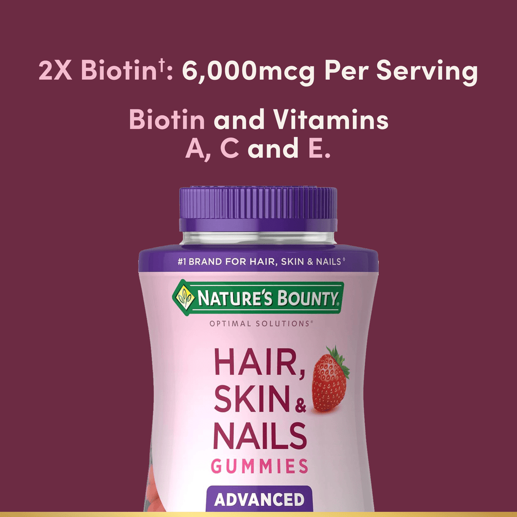 Nature's Bounty Optimal Solutions Advanced Hair, Skin and Nails Gummies, Biotin 6000 mcg, Vitamins A, C, and E, Strawberry, 90 Count