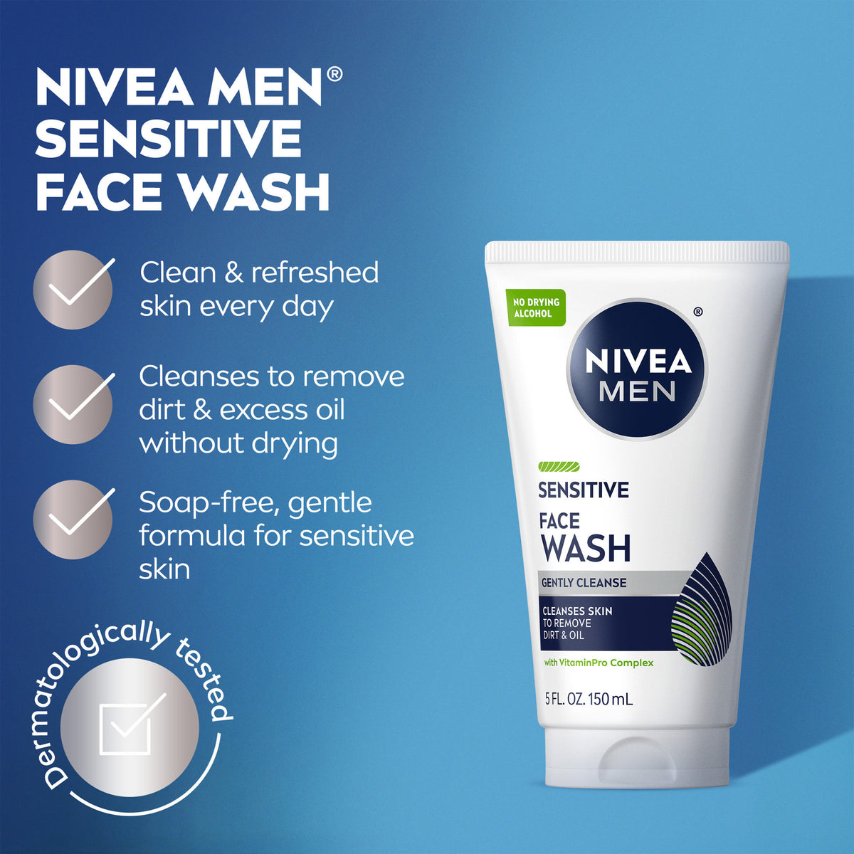 NIVEA MEN Sensitive Face Wash with VitaminPro Complex, Alcohol-Free Men's Face Wash, 5 fl oz