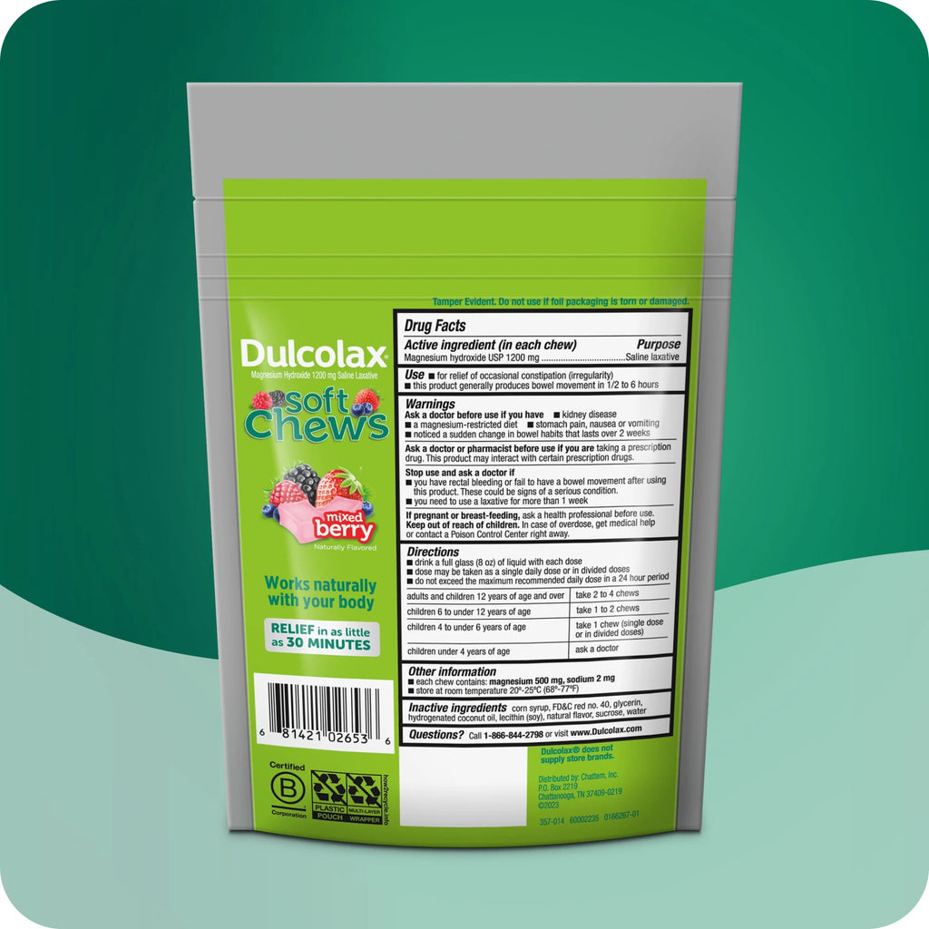 Dulcolax Soft Chews Saline Laxative Mixed Berry (30ct) Gentle Constipation Relief, Magnesium Hydroxide 1200mg