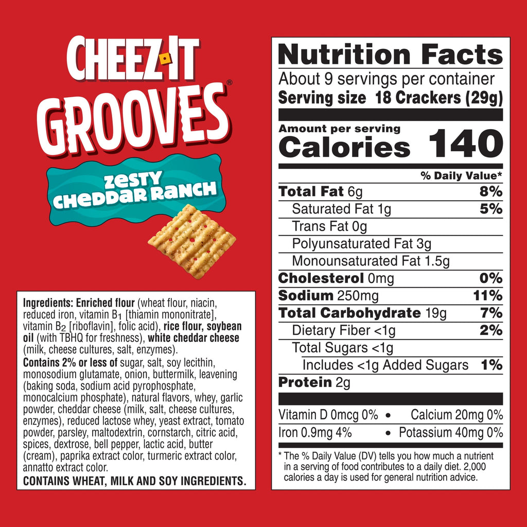 Cheez-It Grooves Zesty Cheddar Ranch Cheese Crackers, Crunchy Snack Crackers, 9 oz