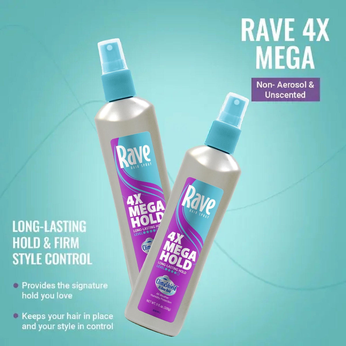 Rave 4X Mega Hold Non-Aerosol Hair Spray, All-Weather Protection with Vitamin-Rich Formula, 11 oz