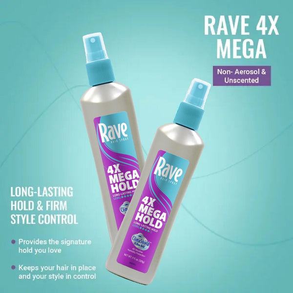 Rave 4X Mega Hold Non-Aerosol Hair Spray, All-Weather Protection with Vitamin-Rich Formula, 11 oz