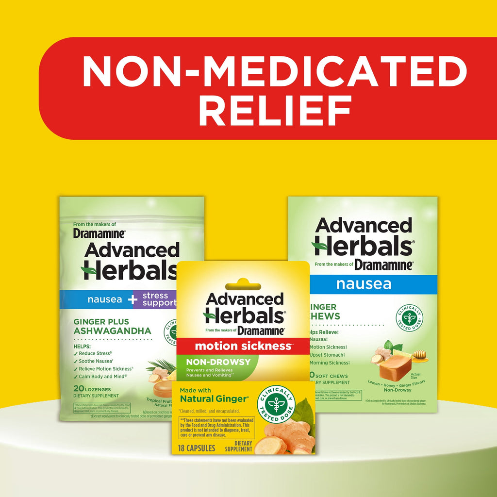 Advanced Herbals by Dramamine, Non-Drowsy Motion Sickness Relief, with Natural Ginger, 18 Count