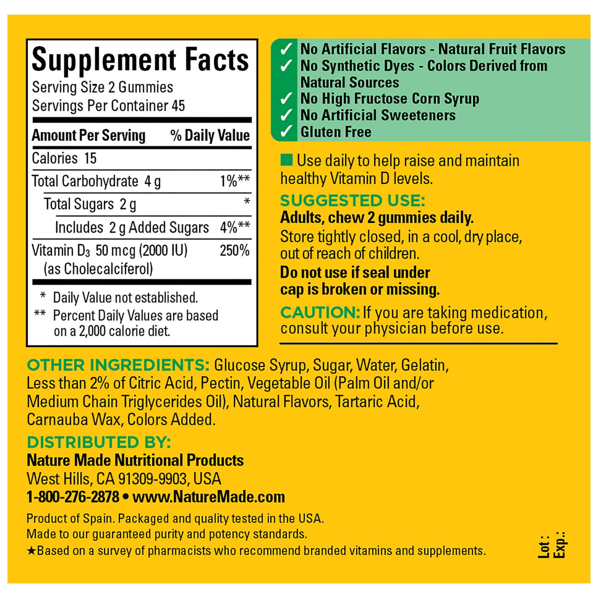 Nature Made Vitamin D3 2000 IU (50 mcg) per Serving Gummies, Dietary Supplement for Bone and Immune Health Support, 90 Count