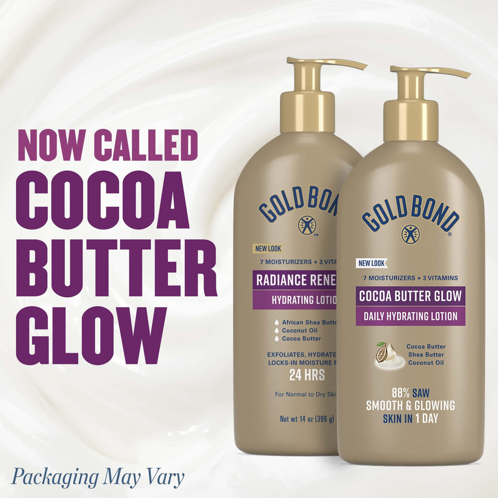 Gold Bond Cocoa Butter Glow Daily Hydrating Lotion with Shea Butter, Cocoa Butter and Coconut Oil, Exfoliating Moisturizer for Dry Skin, 14 oz.