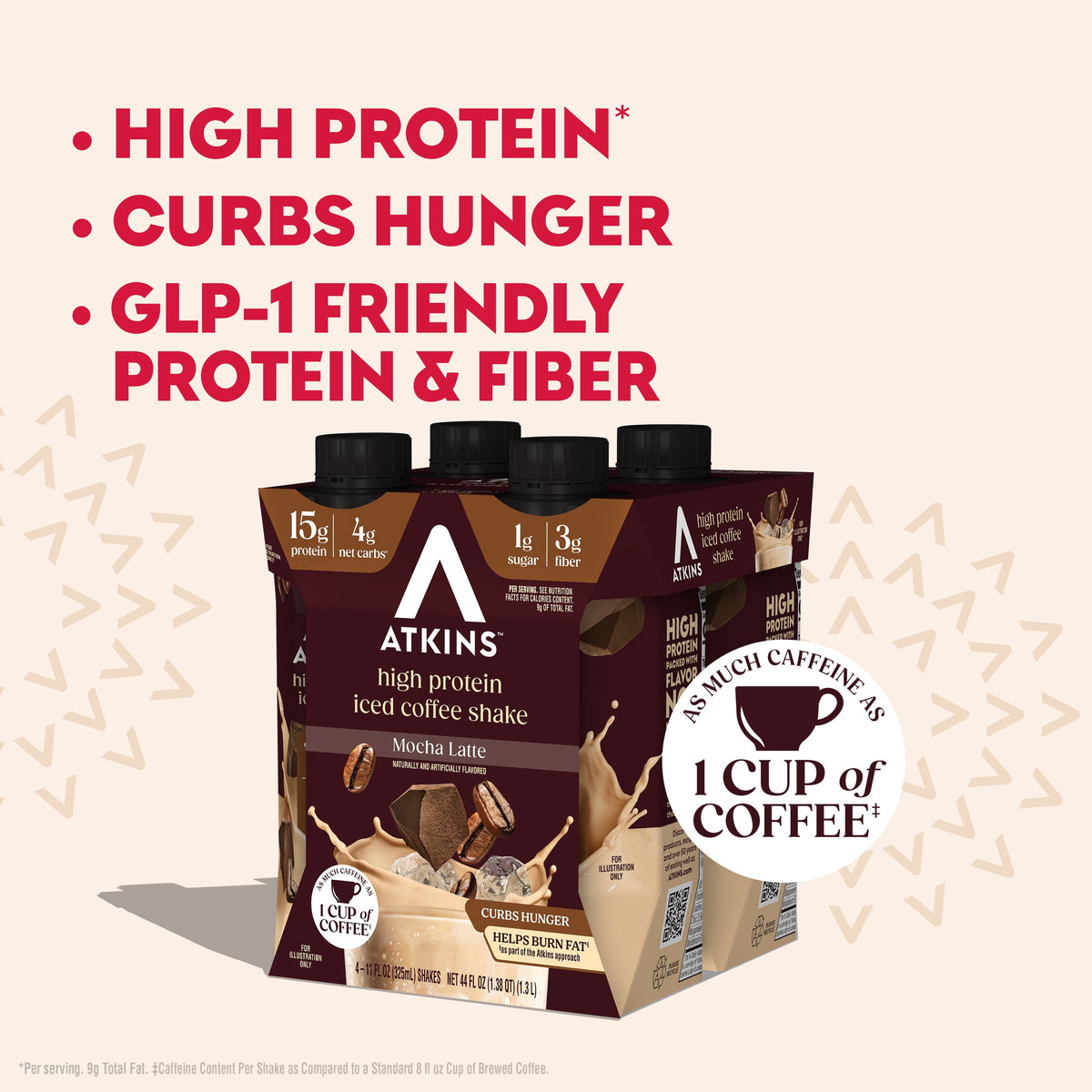 Atkins Protein Shake, Mocha Latte, Keto Friendly, Gluten Free, 4 Ct (Ready to Drink)
