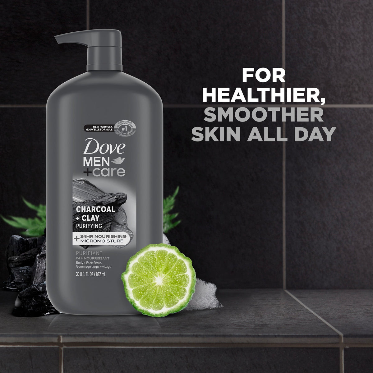 Dove Men+Care Body And Face Scrub Body Wash For Men Charcoal + Clay With 24-Hour Nourishing Micromoisture Technology, 30 fl oz