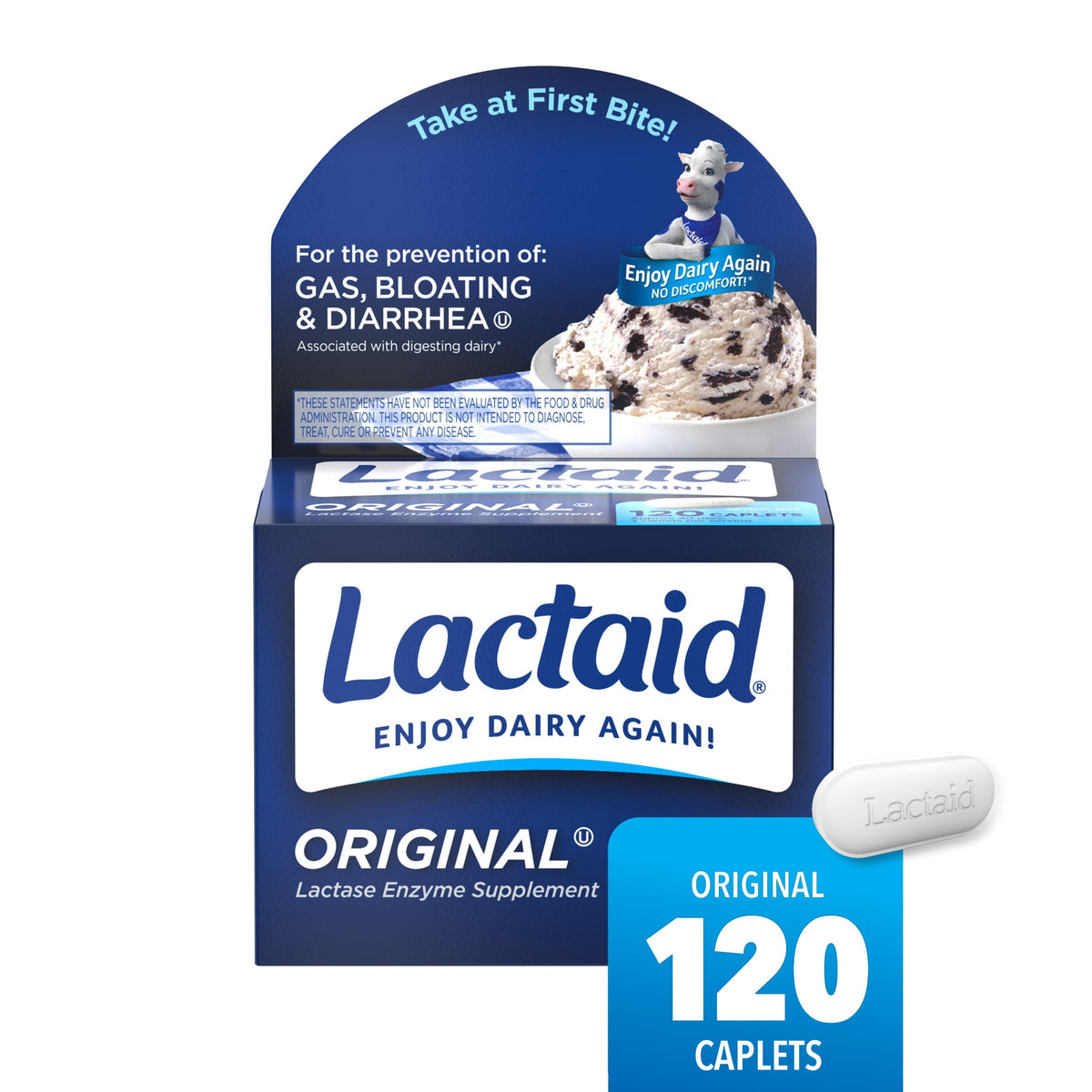 Lactaid Original Strength 9000 FCC Lactase Enzyme Caplets, Lactose Intolerance, 120 Count