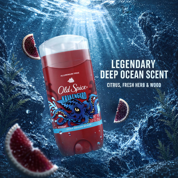 Old Spice Deodorant for Men, Aluminum Free, 24/7 Freshness, Krakengard, Deep Ocean Scent, 3 oz