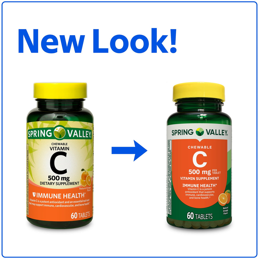 Spring Valley Vitamin C Dietary Supplement, Orange Flavor, 500 mg, 60 Count, Chewable Tablets