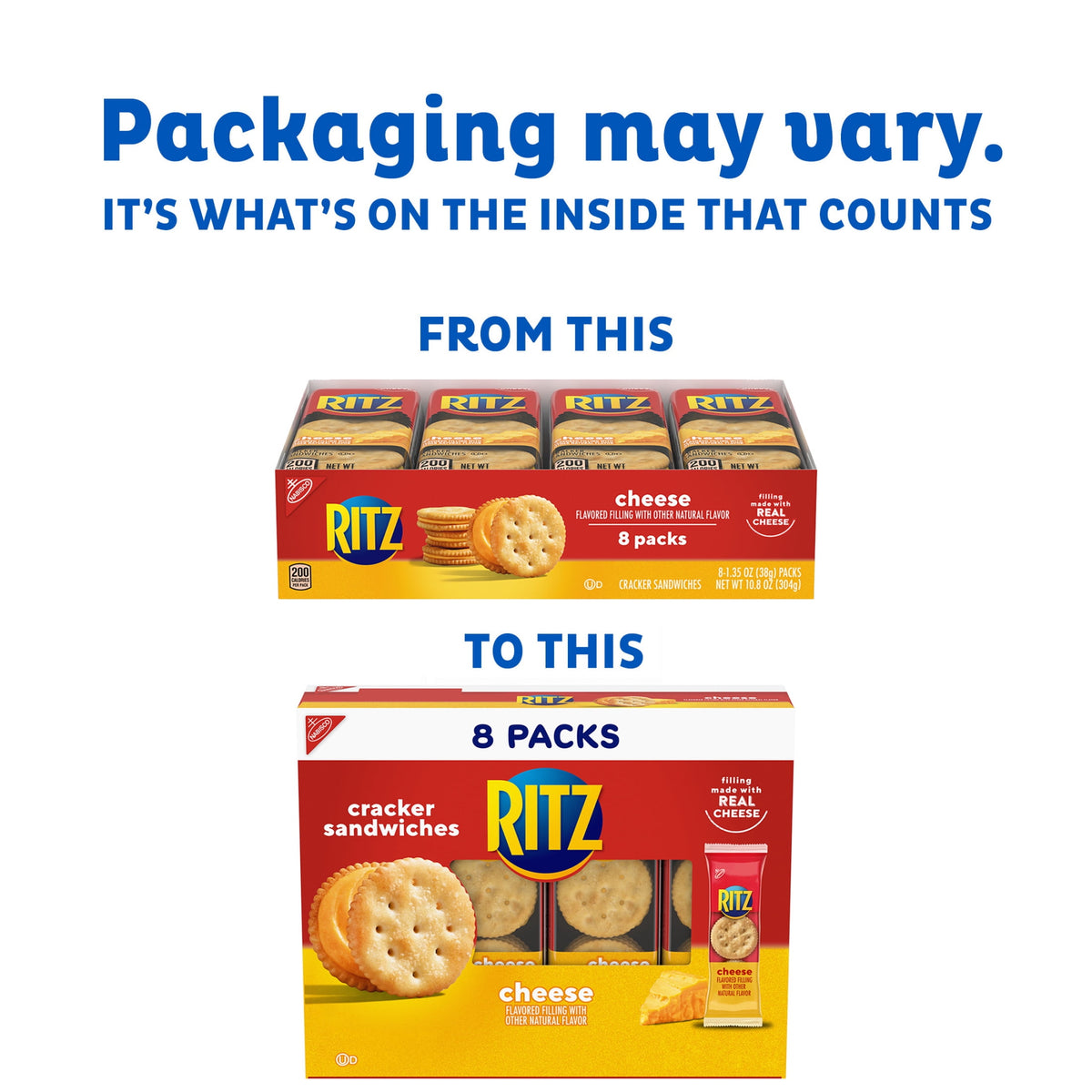 RITZ Cheese Sandwich Crackers, Lunch Snacks, 8 Snack Packs (6 Cracker Sandwiches Per Pack)