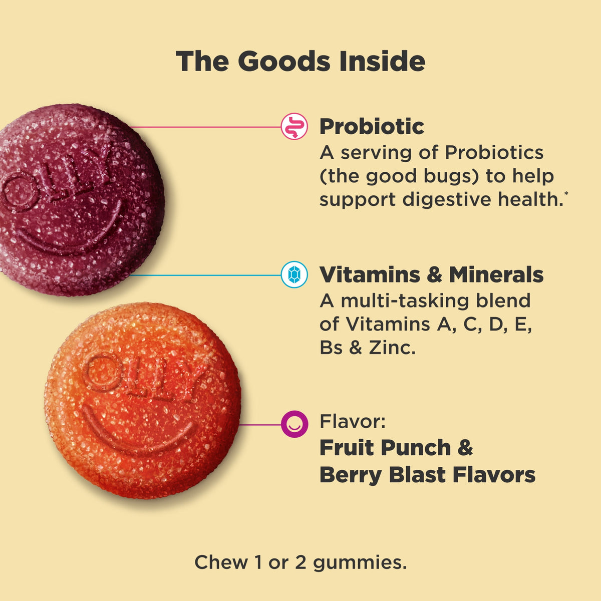 OLLY Kids Multivitamin + Probiotic Gummy, Daily Digestive Supplement, Zinc, Berry Flavor, 70 Count