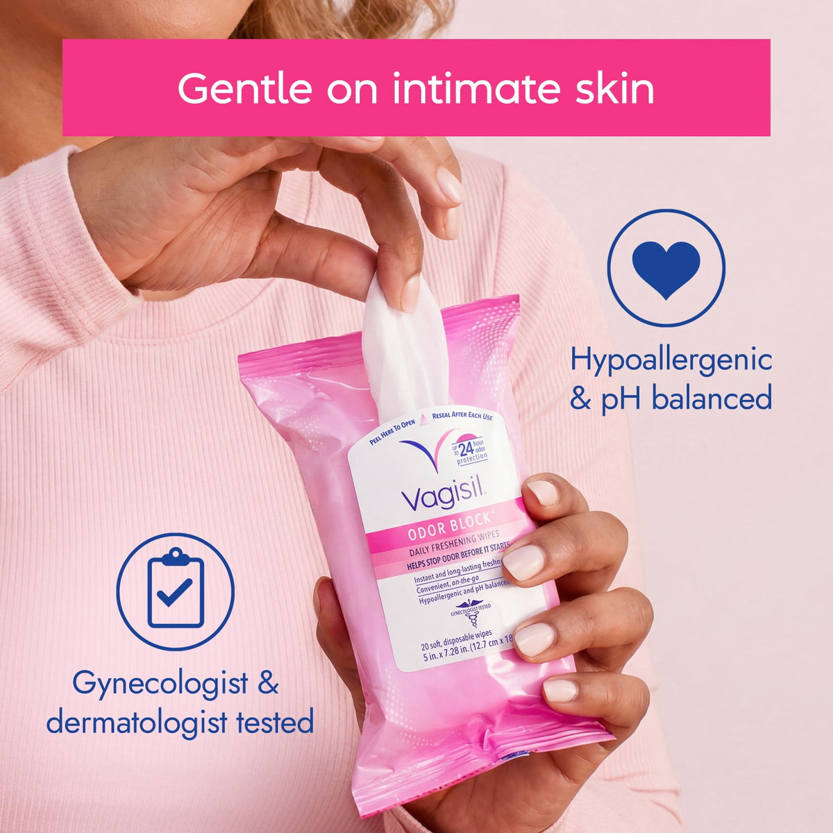 Vagisil Odor Block Daily Freshening Wipes for Feminine Hygiene in Resealable Pouch, Gynecologist Tested & Hypoallergenic, 20 Wipes