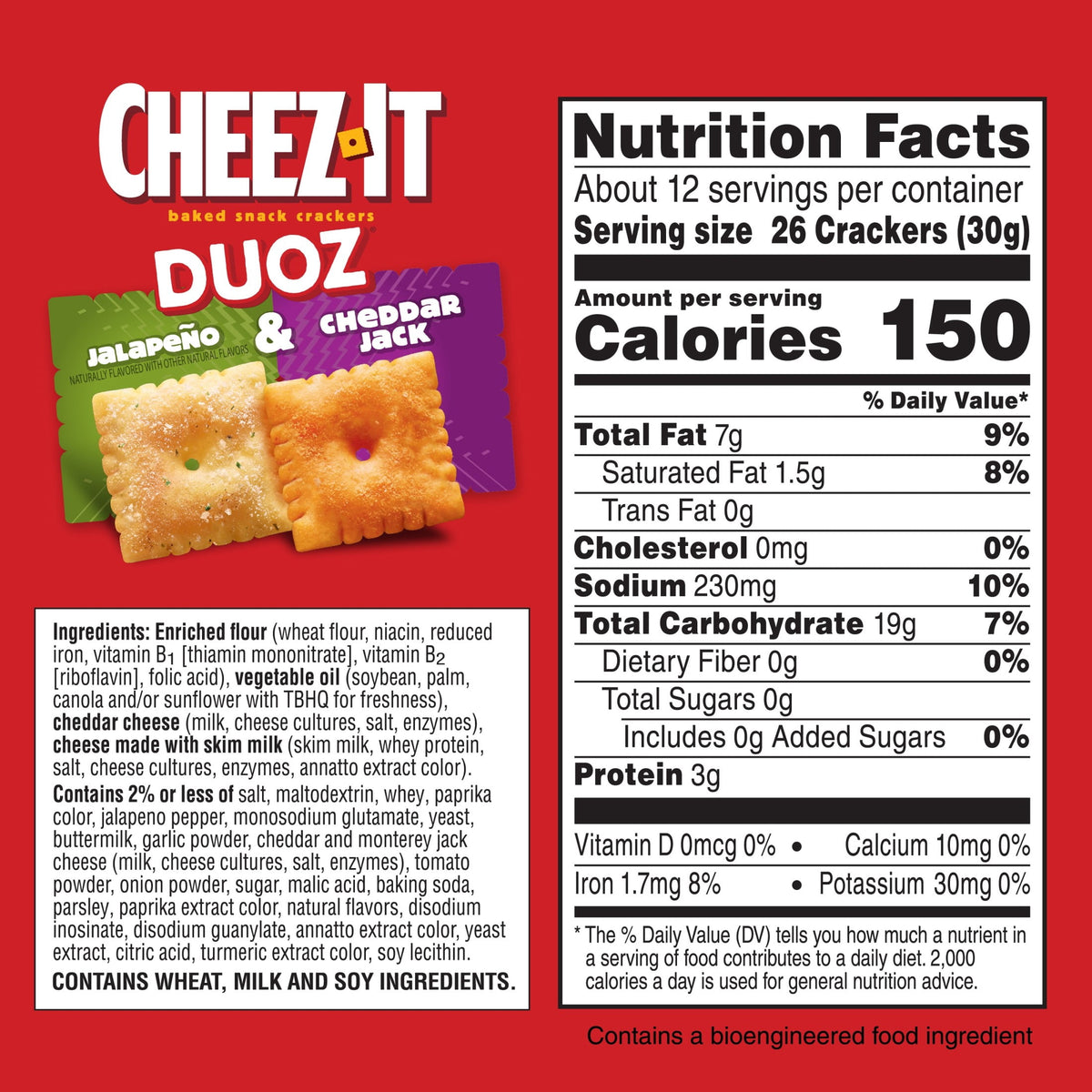 Cheez-It DUOZ Jalapeño and Cheddar Jack Baked Snack Crackers, Lunch Snacks, 12.4 oz