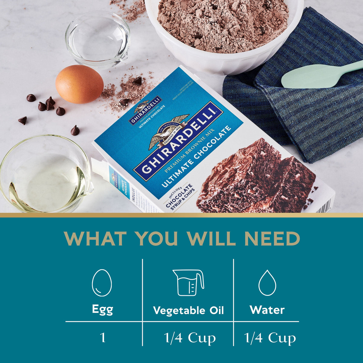 GHIRARDELLI Ultimate Chocolate Premium Brownie Mix, a Premium Baking Mix, Includes Chocolate Syrup and Chips, 19 oz Box