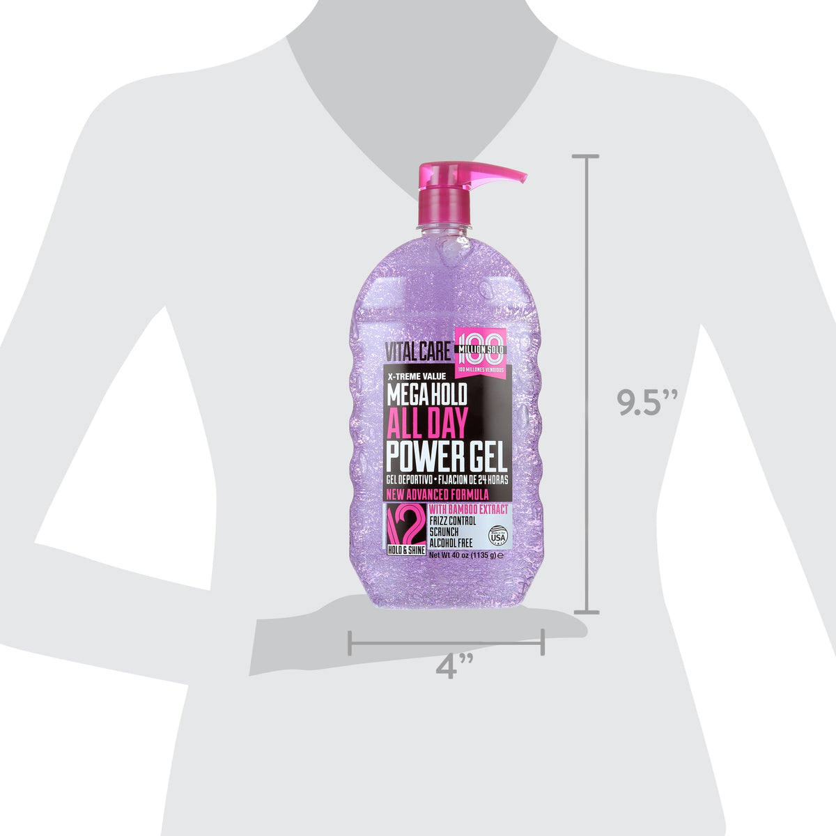 Vital Care Mega Hold All Day Power Frizz Control & Shine Enhancing Pump Hair Styling Gel with Pro-Vitamin B-5 & Panthenol, 40 oz