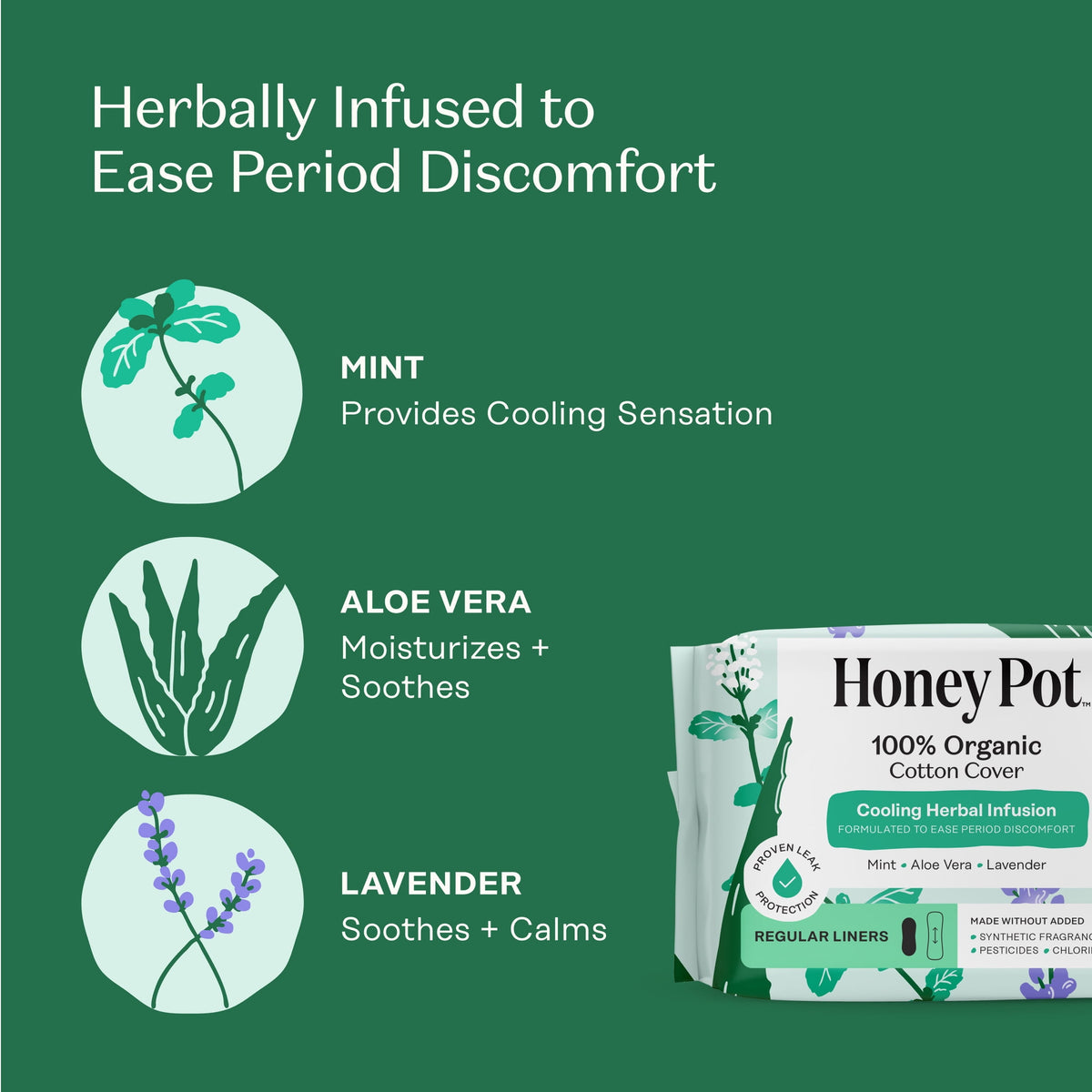 Honey Pot 100% Organic Cotton Cover Cooling Herbal Infusion Regular Liners, 30 count