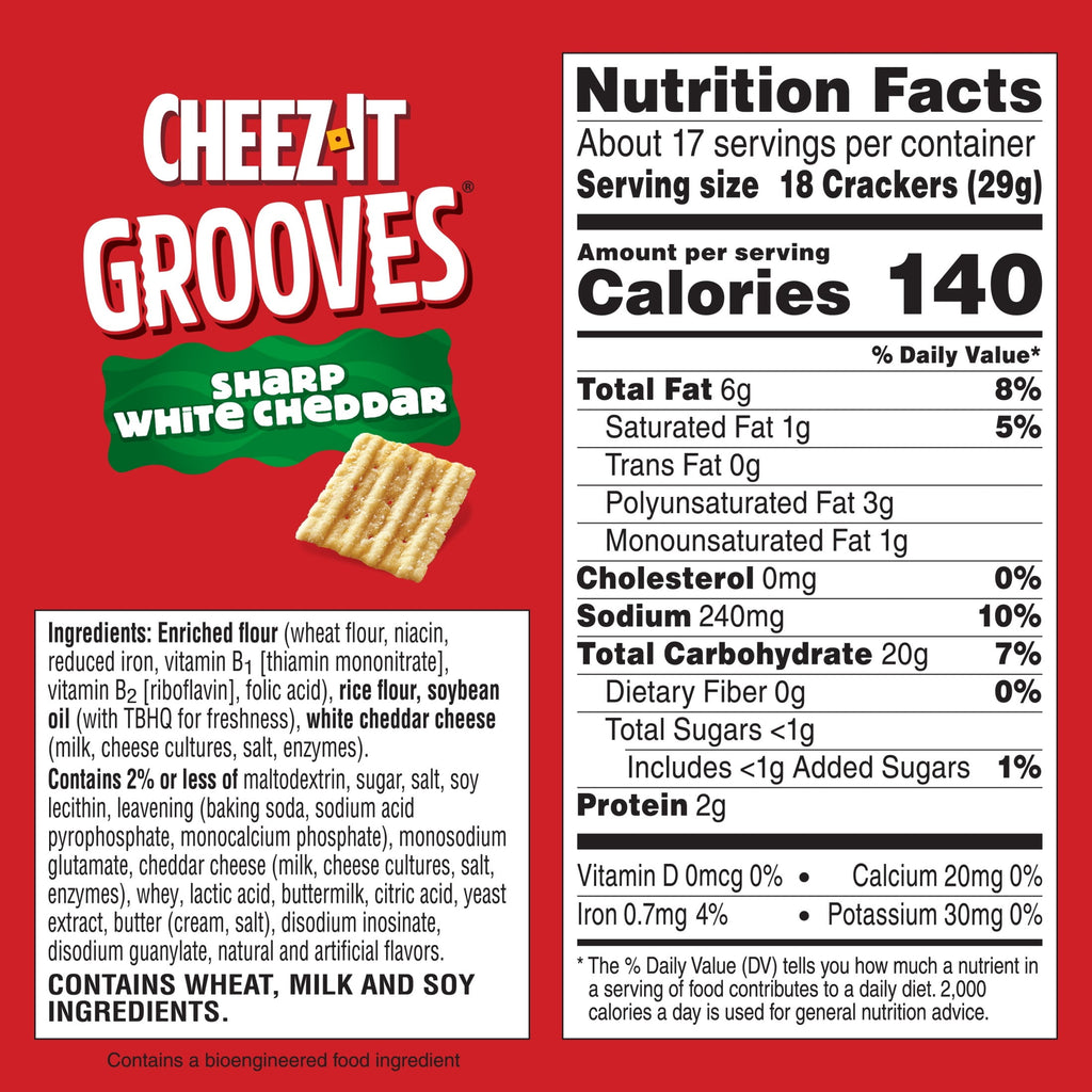 Cheez-It Grooves Sharp White Cheddar Crunchy Cheese Crackers, Snack Crackers, 17 oz